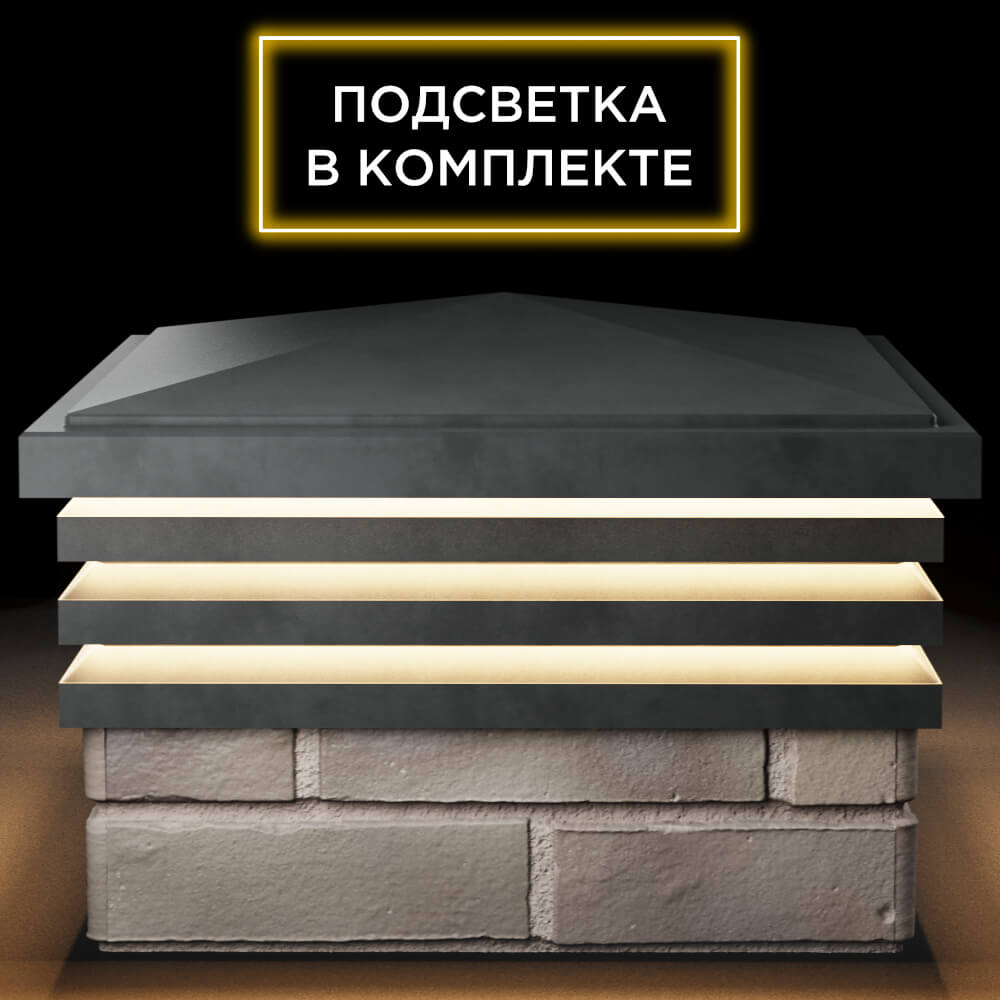 Колпак Zking Бона ХайТек Серый на столб 1.5х1.5 кирпича (385х385мм) с подсветкой Павловский Посад фото